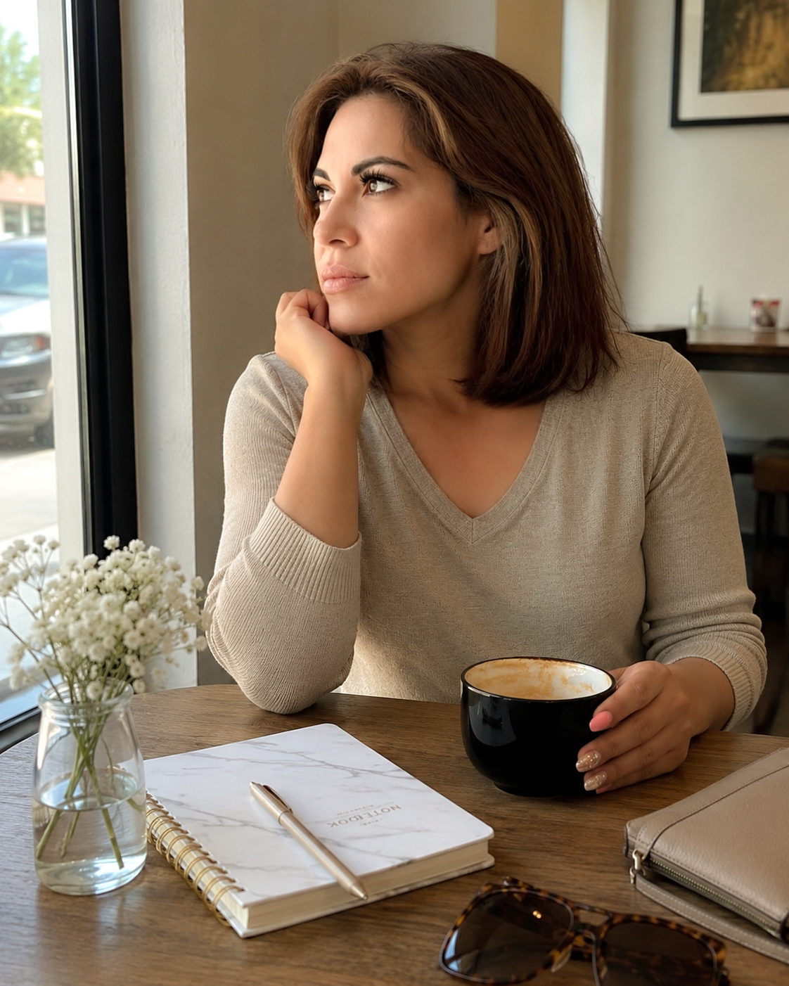 Agnes Menendez, founder of The Growth Project, in a warm cafe setting