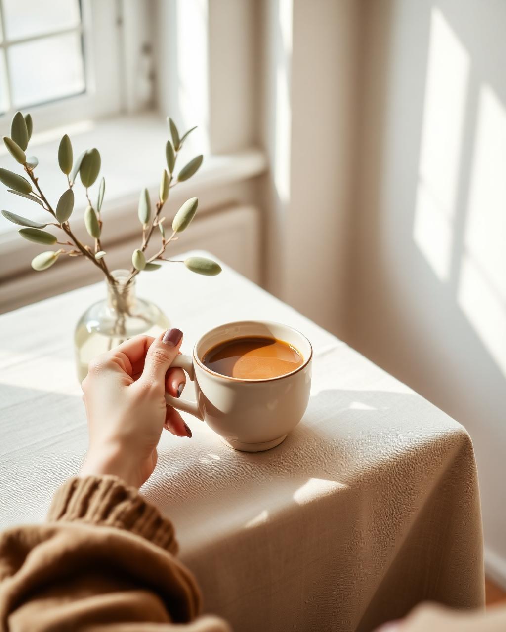 Hands warming around a coffee cup in soft morning light
