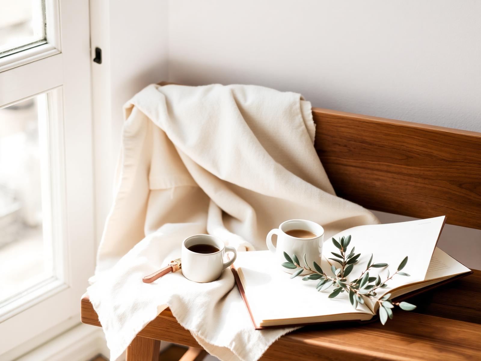 A quiet corner with coffee, a journal, and olive branches in warm morning light